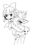  alternate_costume cirno greyscale hair_ribbon ice ice_wings kannazuki_hato monochrome pointy_ears pose ribbon short_hair simple_background smile solo sparkle thighhighs touhou wings 