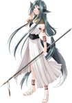  absurdly_long_hair animal_ears armlet bandages barefoot dress earrings feet full_body green_eyes green_hair higota_ruins jewelry long_hair low-tied_long_hair polearm seika_(higota_ruins) solo spear tail tattoo transparent_background very_long_hair weapon white_dress yamamoto_kazue 