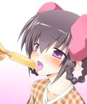  ayukawa_tenri black_hair blush bow checkered dripping food hair_bow hair_rings kami_nomi_zo_shiru_sekai popsicle purple_eyes sexually_suggestive short_hair solo tongue tongue_out yuto_(dialique) 