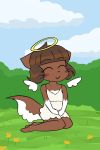  2018 angel anon232 anthro bittersweet_candy_bowl blush brown_fur cat child clothed clothing cub digital_media_(artwork) dress eyes_closed feline female flat_chested front_view fur hair halo hi_res kneeling mammal molly_(bcb) outside smile solo webcomic white_fur wings young 