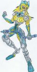  beast_wars blonde_hair blue boos_girl666 cheetor crossgender female hair machine mechanical plain_background robot solo transformers weapon white_background yellow_eyes 