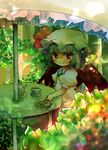  bad_id bad_pixiv_id blue_hair blush brooch chair cookie cup food frills hat hat_ribbon highres jewelry leaf nanahamu plate pole red_eyes remilia_scarlet ribbon short_hair sitting smile solo tea teacup teapot touhou umbrella window wings 