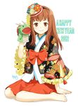  2012 barefoot brown_eyes brown_hair dragon eastern_dragon frills hair_ornament hakama hakama_skirt hand_puppet happy_new_year hat japanese_clothes kaya8 kimono long_hair new_year original puppet red_hakama robe sitting smile solo wariza 