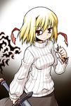  akou_roushi alternate_costume blonde_hair casual ex-rumia older red_eyes ribbed_sweater rumia short_hair solo sweater sword touhou weapon 