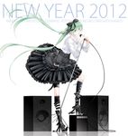  2012 amplifier boots full_body green_eyes green_hair hatsune_miku high_heels highres kneehighs long_hair microphone microphone_stand new_year nonohara_nyorai shoes simple_background skirt solo speaker twintails very_long_hair vocaloid white_background 