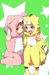  animal_ears blonde_hair blue_eyes brown_eyes brown_hair bunny_ears bunny_tail fang highres jounouchi_serena multiple_girls open_mouth pajamas paw_pose ponekusan pretty_(series) pretty_rhythm pretty_rhythm_aurora_dream smile tail tiger_ears tiger_tail toudou_kanon 