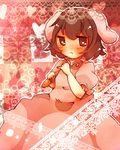  animal_ears arm_up bad_id bad_pixiv_id blush brown_eyes brown_hair bunny_ears carrot dress frills heart holding inaba_tewi nanahamu open_mouth pink_dress pinky_out short_hair short_sleeves solo touhou 
