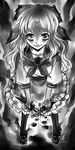  antaria emukae_mukae greyscale knife medaka_box monochrome signature smile solo standing 