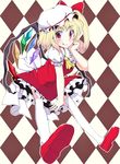  :q argyle argyle_background ascot bad_id bad_pixiv_id blonde_hair flandre_scarlet hand_on_own_cheek hat hat_ribbon licking_lips perspective red_eyes ribbon sawade shirt side_ponytail skirt skirt_set smile solo thighhighs tongue tongue_out touhou vest white_legwear wings zettai_ryouiki 