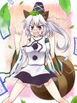  \n/ animal_ears commentary_request cosplay double_\n/ dra futatsuiwa_mamizou glasses hat japanese_clothes leaf leaf_on_head mononobe_no_futo mononobe_no_futo_(cosplay) ofuda open_mouth pince-nez pink_eyes ponytail raccoon_ears raccoon_tail silver_hair solo tail tate_eboshi touhou 
