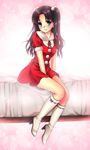  blue_eyes boots brown_hair christmas dress fate/stay_night fate_(series) hair_bobbles hair_ornament high_heels knee_boots long_hair long_legs nfr santa_costume shoes short_dress smile solo toosaka_rin two_side_up 
