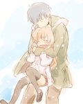  1girl aisaka_taiga blue_hair brown_hair closed_eyes coat height_difference hug long_hair scarf shirotaka_(shirotaka) short_hair takasu_ryuuji thighhighs toradora! 