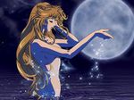 adjusting_hair arm arms bare_shoulders bath blonde_hair breasts cleo_everlastin eyes_closed female long_hair lowres majutsushi_orphen moon night nude orphen pouring sideboob solo very_long_hair water 