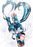  aqua_eyes aqua_hair detached_sleeves earmuffs from_above hatsune_miku heart heart_hair highres long_hair looking_up necktie open_mouth outstretched_arm skirt snowboard snowflakes solo thighhighs torigoe_takumi twintails very_long_hair vocaloid 