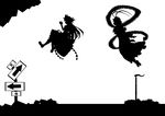  absurdres directional_arrow dress eating flying food fruit greyscale hat highres hinanawi_tenshi kitazinger long_hair monochrome multiple_girls nagae_iku peach planted_sword planted_weapon shawl short_hair sign silhouette sword sword_of_hisou touhou weapon 