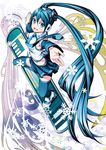  aqua_eyes aqua_hair detached_sleeves earmuffs hatsune_miku highres long_hair necktie open_mouth outstretched_arms skirt snowboard snowflakes solo spread_arms thighhighs torigoe_takumi twintails very_long_hair vocaloid 