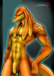  balls bangaa big_muscles black_eyes blue_background final_fantasy flaccid male muscles nude orange orange_body orange_penis penis plain_background scalie solo tail tattoo the_nai uncut video_games 