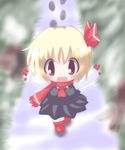  blonde_hair chibi fang gloves hair_ribbon open_mouth outstretched_arms r_pascal red_eyes red_gloves ribbon rumia scarf shirt short_hair skirt skirt_set smile snow solo touhou vest 