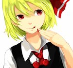  ascot bad_id bad_pixiv_id benetto_(benet) blonde_hair blood hair_ribbon hand_to_own_mouth licking_lips red_eyes ribbon rumia shirt short_hair solo tongue tongue_out touhou upper_body vest 