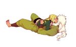  1girl back barefoot blonde_hair blush breasts cleavage closed_eyes couple fishnets full_body height_difference hetero jiraiya kiss large_breasts long_hair lying lying_on_person naruto naruto_(series) on_back on_stomach surprise_kiss surprised tamagokara tsunade white_hair 