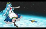  bad_id bad_pixiv_id blue_hair food fruit hat hinanawi_tenshi kazemachi_kei letterboxed long_hair mecha_request peach red_eyes satellite smile solo space touhou very_long_hair 