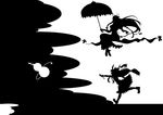  absurdres bow chain chasing gap gourd greyscale hair_bow hat highres horns ibuki_suika kitazinger long_hair monochrome multiple_girls parasol reaching running silhouette spill touhou umbrella umbrella_riding very_long_hair yakumo_yukari 