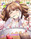  blush brown_hair cake candy candy_cane chocolate closed_eyes cookie crown drill_hair eating food fruit gloves hair_ornament hand_on_own_cheek heart holding holding_spoon icing idolmaster idolmaster_(classic) jelly_bean lollipop long_hair solo spoon strawberry takatsuki_yayoi tog_(shoten) upper_body white_gloves 