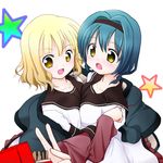  :d blonde_hair blue_hair braid breast_press breasts collarbone food furutani_himawari hairband multiple_girls nanamori_school_uniform oomuro_sakurako open_mouth pocky sasaka_yayoi school_uniform serafuku small_breasts smile twin_braids yellow_eyes yuru_yuri 