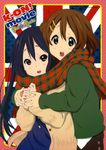  absurdres black_hair blush brown_eyes brown_hair green_shirt hair_ornament hairclip highres hirasawa_yui horiguchi_yukiko hug hug_from_behind k-on! k-on!_movie long_hair multiple_girls nakano_azusa open_mouth round_teeth scan scarf shirt short_hair smile sweater teeth twintails 