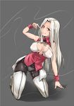  bad_id bad_pixiv_id bare_shoulders boots breasts fate/zero fate_(series) irisviel_von_einzbern kneeling large_breasts long_hair panties panties_under_pantyhose pantyhose red_eyes sian simple_background solo thigh_boots thighhighs tongue underwear white_footwear white_hair wristband 