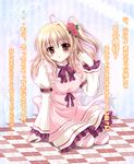  apron blush checkered checkered_background fantasy_earth_zero himuro_feri kneeling side_ponytail solo source_request striped thighhighs translation_request 