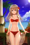  bad_id bad_pixiv_id balcony bikini blue_eyes brown_hair choker cloud day flower hair_flower hair_ornament hibiscus highres lens_flare long_hair navel ocean original red_bikini sky solo swimsuit takeuchi_aya 