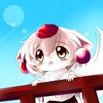  animal_ears fangs hat highres inubashiri_momiji open_mouth red_eyes short_hair solo tail tokin_hat touhou white_hair wolf_ears wolf_tail yume_shokunin 