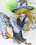  apron blonde_hair braid broom broom_surfing colored_pencil_(medium) frown green_eyes hands hat highres kirisame_marisa kitazinger long_hair looking_at_viewer magic open_mouth outstretched_hand perspective petticoat side_braid solo thighhighs touhou traditional_media waist_apron witch_hat yellow_eyes 