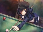  1girl alternate_costume bent_over billiards black_hair cabbie_hat cue_ball cue_stick game_cg hair_over_one_eye hat ikezawa_hanako katawa_shoujo long_hair long_hairpurple_eyes playing_games pool_table purple_eyes purple_hair scar solo 