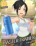  artist_request bangs black_eyes black_hair bottle card_(medium) cargo_pants character_name hair_ornament hairclip hand_on_hip idolmaster idolmaster_cinderella_girls master_trainer official_art open_mouth pants solo star sun_(symbol) swept_bangs tank_top trainer_(idolmaster) water_bottle whistle 