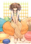  1girl absurdres bare_shoulders barefoot brown_hair copyright_request feet female food fruit fujishima glasses hair_ornament highres jewelry necklace orange orange_eyes pillow scan shirt short_hair sitting sleeveless solo twintails yellow_shirt 