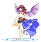  animal_ears bad_feet bare_legs barefoot belt black_shorts cosplay final_fantasy final_fantasy_x final_fantasy_x-2 full_body mystia_lorelei no_hat no_headwear red_eyes red_hair shirokuro_yagi short_shorts shorts simple_background solo songstress touhou wings yuna_(ff10) yuna_(ff10)_(cosplay) 