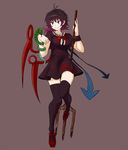  asymmetrical_wings black_hair black_legwear brown_hair dress grey_background highres houjuu_nue polearm purple_eyes simple_background smile snake solo thighhighs touhou trident tsurime weapon wings yokohachi zettai_ryouiki 