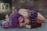  bare_shoulders bed book bookshelf breasts chair cleavage crescent downblouse dress hat large_breasts library long_sleeves lying on_bed on_side patchouli_knowledge purple_eyes purple_hair solo spaghetti_strap touhou usamimi_(usamimiok) voile 