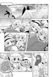  :3 =_= brushing_teeth cat closed_eyes colonel_aki comic cup greyscale headband highres hong_meiling izayoi_sakuya konpaku_youmu konpaku_youmu_(ghost) monochrome multiple_girls short_hair sleeping sleeping_bag sweatdrop touhou 