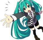  aqua_hair bad_id bad_pixiv_id green_eyes hair_between_eyes hatsune_miku headphones highres ikeshita_moyuko long_hair necktie outstretched_arm solo twintails very_long_hair vocaloid 