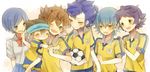  5boys bad_id bad_pixiv_id ball blue_eyes blue_hair brown_hair closed_eyes friends grin inazuma_eleven_(series) inazuma_eleven_go kariya_masaki kurodeko lightning_bolt matsukaze_tenma multiple_boys nishizono_shinsuke open_mouth raimon raimon_soccer_uniform school_uniform short_hair smile soccer_ball soccer_uniform sorano_aoi sportswear telstar tsurugi_kyousuke 