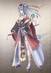  armor bare_shoulders blue_hair breasts brown_eyes cleavage cuboon dragon_girl dragon_horns dragon_tail fingernails horns japanese_clothes katana legs medium_breasts monster_girl orb original platform_footwear pointy_ears shide solo sword tail weapon 