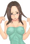  1girl :p bare_shoulders blush breasts brown_eyes brown_hair erect_nipples glasses long_hair muffin_(sirumeria) original sirumeria smile solo tongue tongue_out 