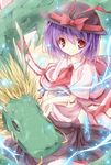  ascot bad_id bad_pixiv_id dragon electricity hat hat_ribbon horns itsutsuki nagae_iku purple_hair red_eyes ribbon shawl short_hair skirt smile solo touhou whiskers 