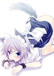  all_fours animal_ears ass blue_eyes bottomless bow chain cuffs dog_ears dog_tail izayoi_sakuya kemonomimi_mode maid maid_headdress mouth_hold no_panties saki_chisuzu short_hair silver_hair solo tail top-down_bottom-up touhou 