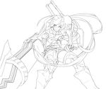  absurdres arm_cannon armor belt black_rock_shooter boots chain gauntlets greaves greyscale highres huge_weapon insane_black_rock_shooter lineart long_hair loose_belt midriff monochrome shieri shorts solo stitches sword thighhighs transparent_background twintails weapon 