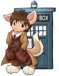  brown_hair cute cyrwrynn doctor_who hair male necktie phone_booth plain_background solo suit tail tardis trenchcoat vest white_background 