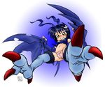  anthrofied artist_request band_aid bandaid blue_hair blush demidevimon digimon female flying grin hair_ornament hairclip morinon_(pixiv) panties personification solo talons underwear unknown_artist wings yellow_eyes 
